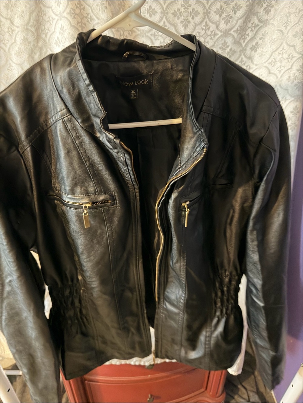 New Look Black Faux Leather Zip Jacket with Gold Hardware